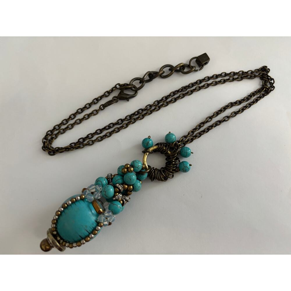 Pam Hiran Anthropologie Long Statement Necklace Turquoise Colored Stones